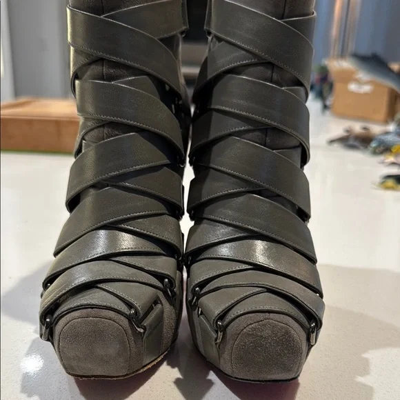 Christian Louboutin Gray Heeled Boots with Strappy Design